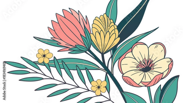 Fototapeta Rose vector design with tropical flowers  decorative leaves, suitable for floralthemed projects in need of elegant and vibrant elements.