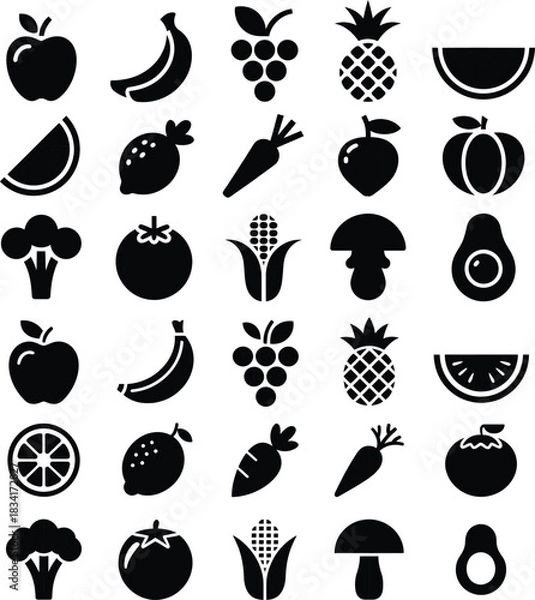 Obraz fruits and vegetables icons vector set highlighting healthy food elements perfect for nutrition guides, organic branding and grocery design themes.