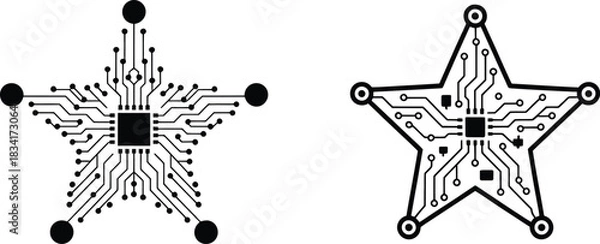 Obraz star circuit board vector illustration combining celestial shapes with electronic microchip patterns for futuristic engineering and tech designs.