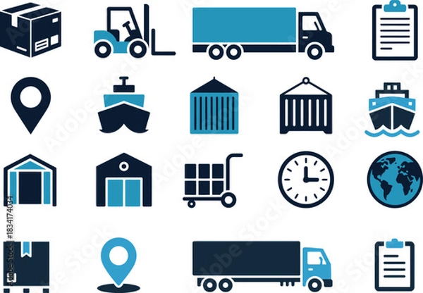 Obraz logistics and transportation icons vector set featuring delivery, shipping and supply chain symbols ideal for freight services and business workflows.