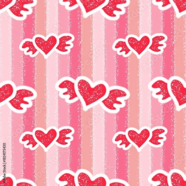 Fototapeta Cute valentine seamless pattern with red glittery hearts with wings on glitter and sparkle vertically striped in shades of pink . Ideal for valentine themed fabrics, pajamas, or gift wraps