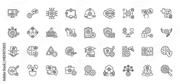 Fototapeta Artificial intelligence line icon set. Vector pictograms of brain, chip, cloud, shield, lock, scale, eye, document, gear, handshake, and award, thin outline illustration.