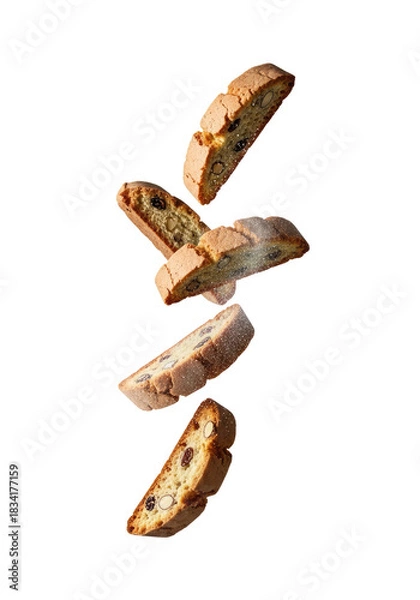 Fototapeta Artistic Shot Of Biscotti Cookies Falling Isolated On Transparent Background With Sweet Sugar Dust