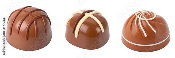 Fototapeta Three Brown Chocolate Candies Isolated On Transparent Background With Assorted Decorations And Details