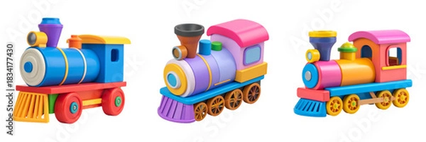 Fototapeta Colorful Toy Trains Displayed Against A Transparent Background Illustrating Transportation And Playful Childhood Themes
