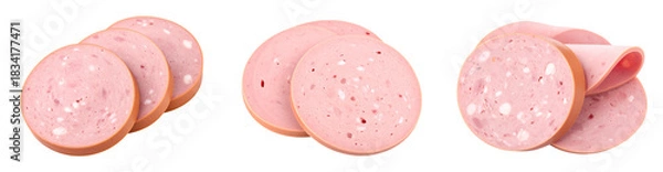 Fototapeta Sliced Pink Sausage With Slices Arranged Appetizingly On Transparent Background