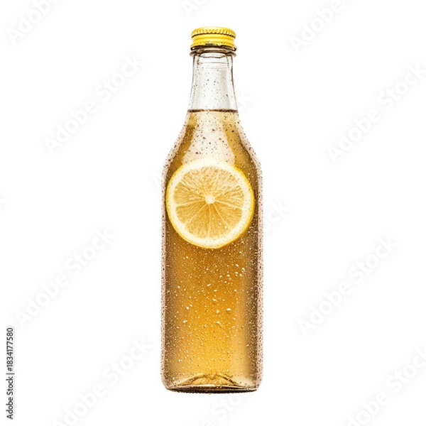 Fototapeta Close Up Of A Sparkling Lemon Drink Inside A Glass Bottle With A Yellow Cap And Lemon Slice Against Transparent Background