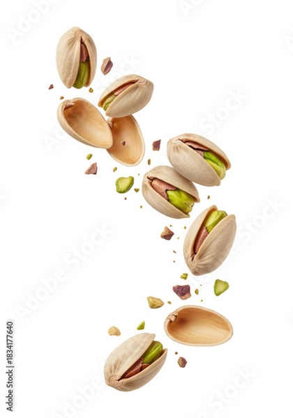Fototapeta Close Up of Pistachios with Green Kernels Floating on a Transparent Background