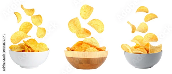 Fototapeta Three Bowls Filled With Potato Chips with Some Chips Falling in Transparent Background
