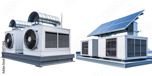 Fototapeta White Industrial Air Conditioning System With Solar Panel Generating Renewable Energy Against Transparent Background