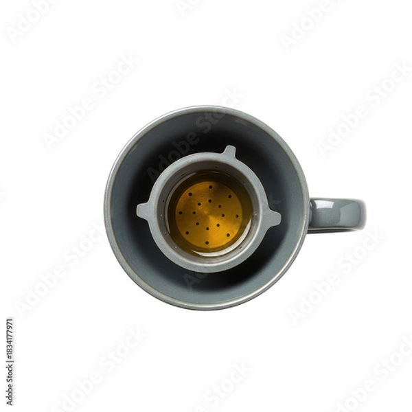 Fototapeta Overhead View Of A Grey Ceramic Cup Containing Tea With Stainless Steel Filter Against Transparent Background