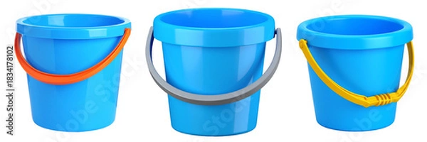 Fototapeta Three Blue Buckets With Different Color Handles Against Transparent Background