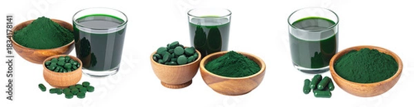 Fototapeta Spirulina Supplements And Powder In Wooden Bowls With Green Drink And Capsules Isolated On Transparent Background