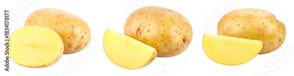 Fototapeta Three Raw Potatoes With Slices Isolated On Transparent Background Offering a Close-Up Perspective Showcasing The Texture And Color