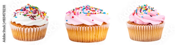 Fototapeta Three Cupcakes Isolated On Transparent Background With Colorful Sprinkles And Frosting Desserts Showing Delicious Bakery Treats
