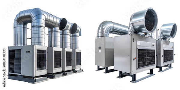 Fototapeta Industrial Ventilation System with Metallic Ducts and Silver Components on Transparent Background