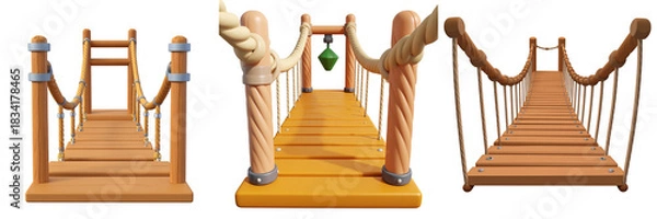 Fototapeta Wooden Suspension Bridge Rendered Against Transparent Background Showing Rope And Timber Construction For Crossing