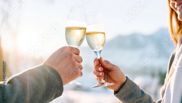 Fototapeta A couple clinks chilled champagne glasses in warm winter light, with golden bubbles sparkling against a soft, out-of-focus mountain landscape in the background
