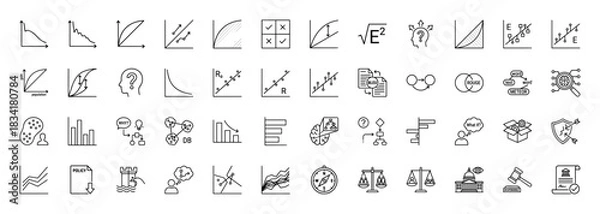 Obraz Business, data, and analytics line icon set. Vector pictograms of charts, graphs, equations, policy, and research, thin outline illustration.