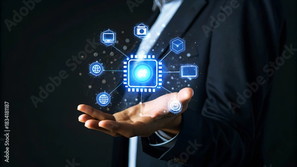 Fototapeta Businessman holding glowing chip with icons, representing digital transformation, big data, and cloud computing technology