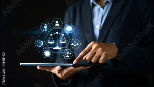 Fototapeta A businessman is using a tablet to access the legal assistant application, which provides legal advice and support to clients