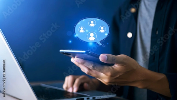 Fototapeta Man using smartphone with social media network connection concept of digital communication and global network connection technology