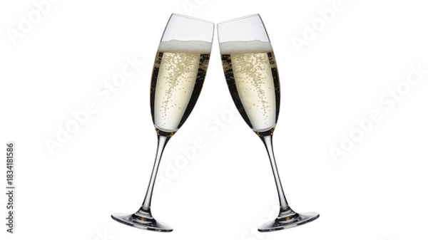 Obraz Two champagne flutes clinking together with bubbles transparent background