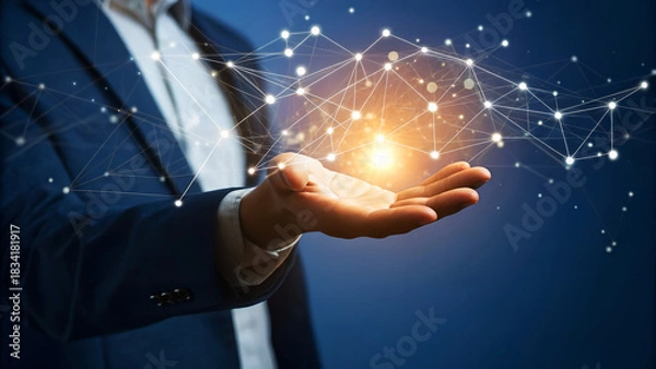 Fototapeta Businessman presenting a virtual network on his hand, symbolizing connection, communication, and technology in the digital age with blue background