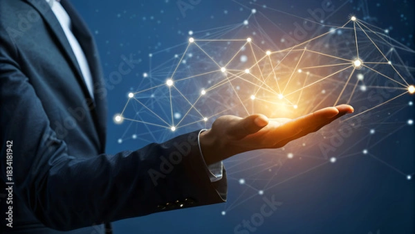 Fototapeta Businessman presenting a virtual network on his hand, symbolizing connection, communication, and technology in the digital age with blue background