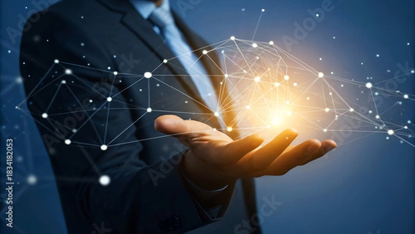 Fototapeta Businessman holding digital global network and data exchange with connection technology in hand for future innovation concept