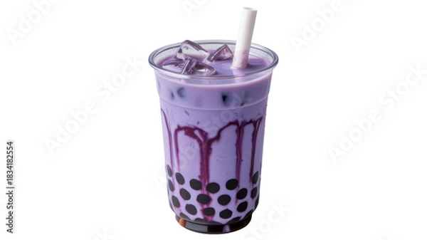 Obraz Refreshing purple taro bubble tea with tapioca pearls transparent background