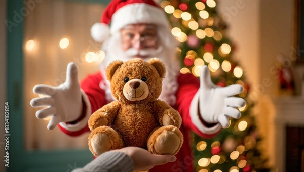 Fototapeta Santa hands a soft brown teddy bear as a Christmas gift, reaching forward with open arms in a warm festive room filled with glowing lights and a decorated holiday tree