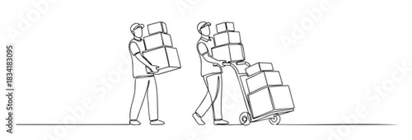 Fototapeta Moving labor continuous line art of two workers carrying boxes with cart on white background — ideal for relocation, logistics and home moving content.