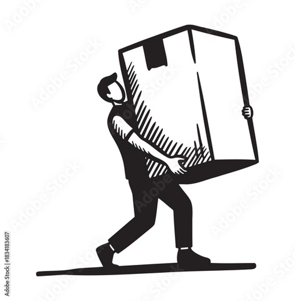 Fototapeta Man carrying large box in a minimal black and white style  