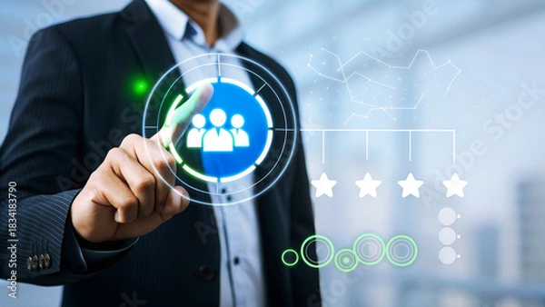 Fototapeta Businessman touching virtual screen with team icon for human resources management and customer relationship management concept
