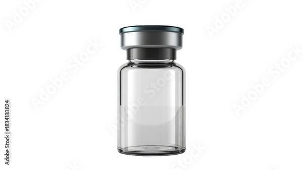 Obraz Clear glass vial with silver and black cap on transparent background