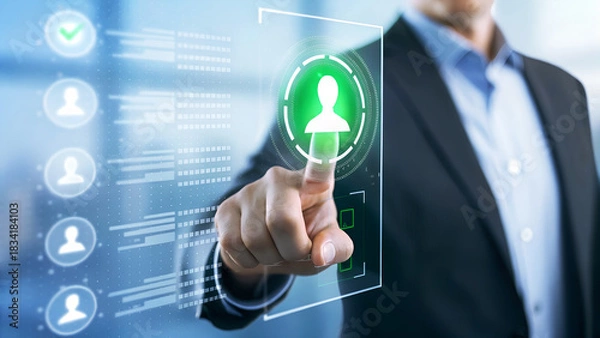 Fototapeta Businessman using a digital interface to select a candidate for a job, human resources and recruitment concept, hiring process