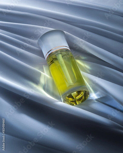 Fototapeta bottle filled with yellow liquid is placed on soft fabric that shines under light. The fabric has gentle folds creating a simple background for the bottle.