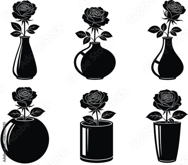 Obraz Elegant Set of Six Vector Black and White Rose Flower Silhouettes in Diverse Vases for Decoration and Design Elements
