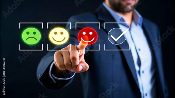 Fototapeta Man in suit selecting a very positive feedback emoticon on a digital interface