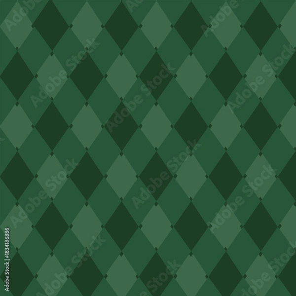 Fototapeta Christmas rhombus seamless pattern. Xmas plaid texture with gold line and stars. Green argyle geometric diamond abstract pattern. Christmas wrapping. Vector illustration isolated on green background.