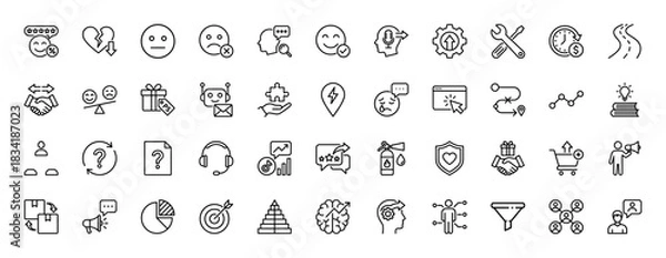 Fototapeta Customer experience and service line icon set. Vector pictograms of feedback, support, metrics, and strategy, thin linear illustration.