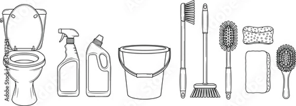 Obraz Hand-Drawn Cleaning Tools and Supplies Vector Line Art Set for Household Services and Bathroom Hygiene Concepts.