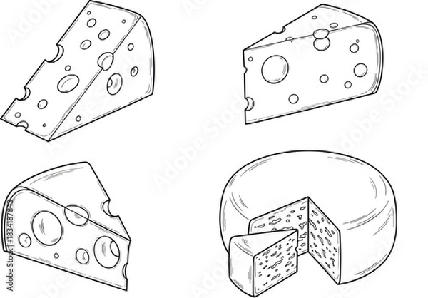 Obraz Hand-Drawn Cheese Slices and Wheel Vector Line Art Collection for Food Menu Design and Cooking Illustrations