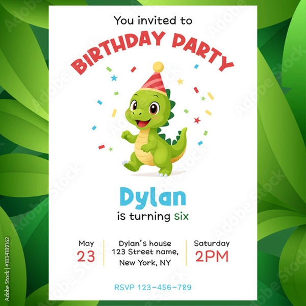 Fototapeta Birthday party invitation with cute green dino and confetti. Perfect for holidays, events and kids theme parties.
