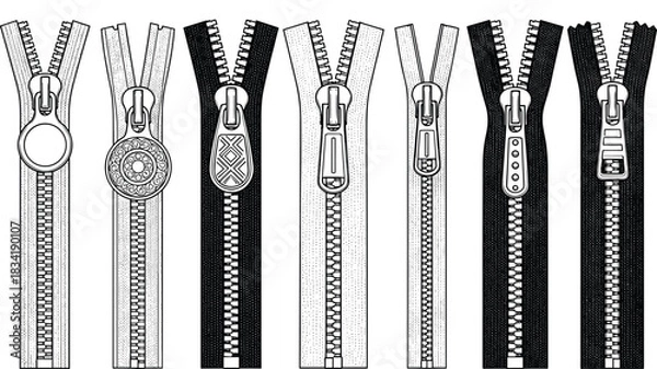 Obraz Black and White Collection of Open Zippers with Various Pullers and Teeth Styles for Clothing and Fashion Design.