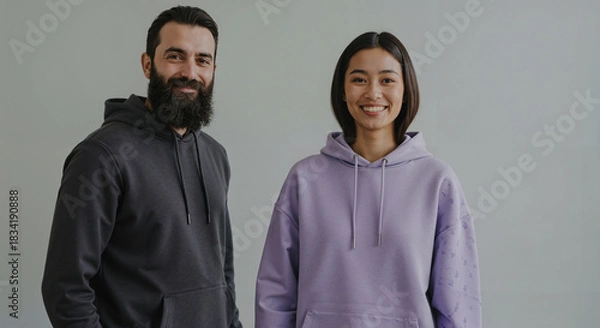 Fototapeta Young man and woman smiling in casual hoodies against grey background  
