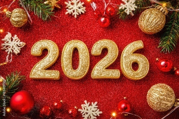 Fototapeta Top view of shimmering golden 2026 numbers surrounded by festive Christmas decorations and twinkling lights on a vibrant red background, creating a joyful atmosphere