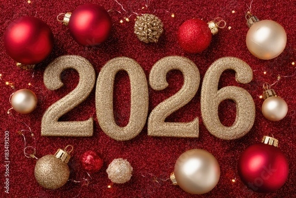 Fototapeta Top view of shimmering golden 2026 numbers surrounded by festive Christmas decorations and twinkling lights on a vibrant red background, creating a joyful atmosphere