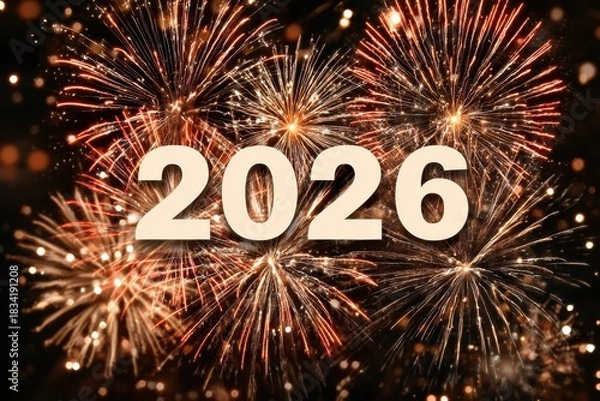 Fototapeta A dazzling display of colorful fireworks explodes above, casting bright light trails that highlight "2026, " set against a starry night backdrop